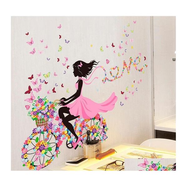 Pegatinas de pared pegatina mural decoración del hogar romántica mariposa flor bicicleta cinta niña paredes calcomanía dormitorio dormitorio casa Rrd12067 Dr Otni8