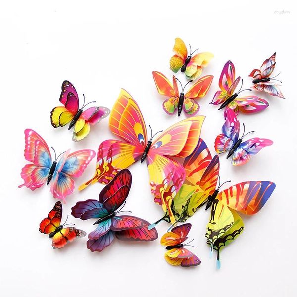 Pegatinas de pared estilo 12pcs doble capa 3D mariposa pegatina de mariposa en la decoración del hogar mariposas para decoración nevera imán