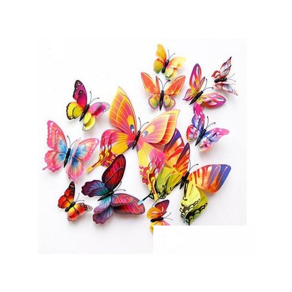 Pegatinas de pared estilo 12 unids doble capa 3D mariposa decoración de la habitación del hogar mariposas para la decoración de la boda imán calcomanías de nevera gota del dhz7o