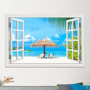 Pegatinas de pared Verano Playa Árbol de coco Naturaleza Imagen Paisaje Pegatina Calcomanía Mural Papel tapiz 3DWindow View Art Decor