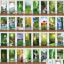 Pegatinas de pared Sunshine Forest Puerta Etiqueta Mural Er Adhesivo PVC Paisaje Natural Po Wallpaper Armario Refrigerador Renovación Homefavor Dhn3H