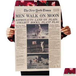 Stickers muraux L'Apollo 11 Moon Landing York Times Affiche Vintage Papier Kraft Rétro Décoration De Chambre D'enfants Autocollant 51X35.5Cm Drop Del Dhesr