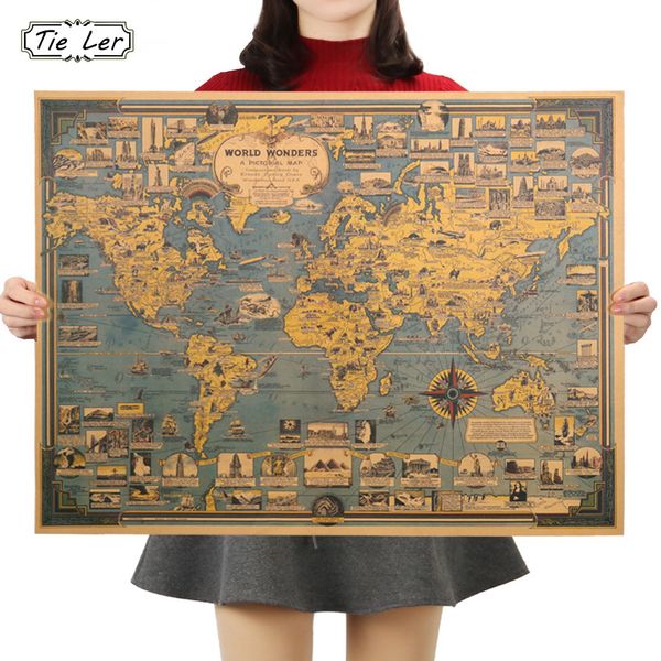 Pegatinas de pared TIE LER Blue Vintage Kraft Paper Poster Mapa del mundo Gran edificio Etiqueta de la pared Art Craft Map Bar Cafe Decor 68.5X51.5cm 230608