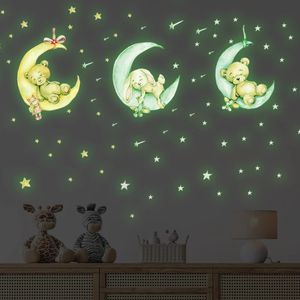 Autocollants muraux minuscules mignons ours en peluche lumineux sur la lune étoiles brillance dans les décalcomanies sombres pour les enfants chambre nurserie nurserie décor 231026