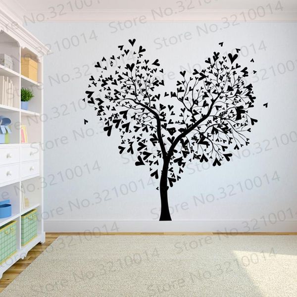 Pegatinas de pared Calcomanía de árbol Pegatina Dormitorio de la vida Raíces Pájaros volando lejos de casa Muchos corazones en el PW707Wall StickersWall