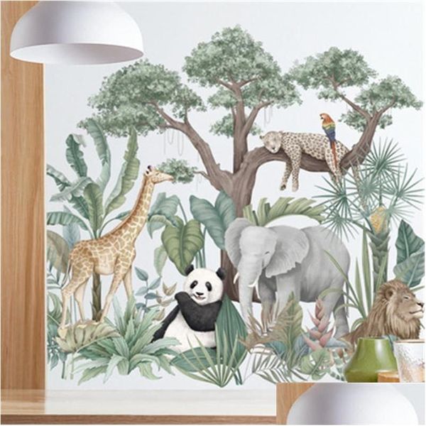 Stickers muraux Plante tropicale Éléphant Girafe Lion pour enfants Chambre Decal Living Nordic Rainforest Bananier Mural Papier peint Drop Deliv Dha9B