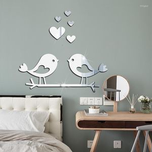 Pegatinas de pared para el Día de San Valentín, rama acrílica, pájaro, forma de amor, espejo, pegatina 3D, impermeable, autoadhesivo, decoración DIY