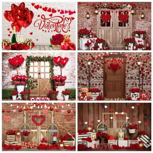 Pegatinas de pared Día de San Valentín Pografía Telones de fondo Ladrillo Puerta de madera Rosa roja Flor Amor Corazón Fondo Boda Ducha nupcial Poshoot 231026