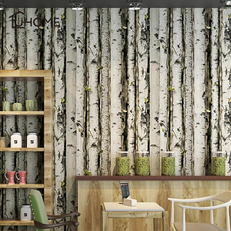 Pegatinas de pared Vintage Gran árbol de abedul Papel tapiz para sala de estar Dormitorio Café Diseño moderno Etiqueta Rollo Rústico Bosque Bosque Calcomanía para el hogar