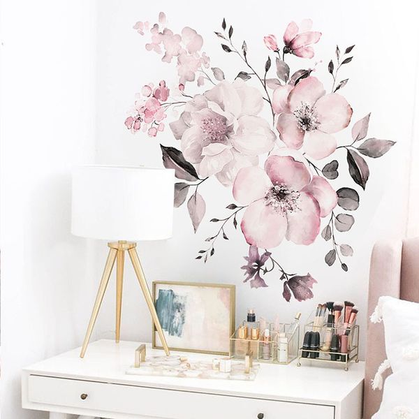 Pegatinas de pared Color agua flores rosas dormitorio sala de estar decoración Mural decoración del hogar calcomanías flor racimo papel 230422