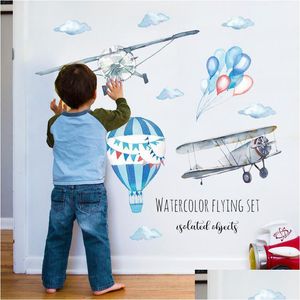 Muurstickers aquarel vliegtuig luchtballon sticker kinderen babykamers woondecoratie PVC muurschildering stickers kinderkamer behang drop delive Dhdxh