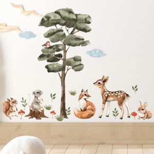 Pegatinas de pared Acuarela Árbol de dibujos animados y animales del bosque Ciervo Conejito para habitación de niños Calcomanías de guardería para bebés Decoración del hogar 230822