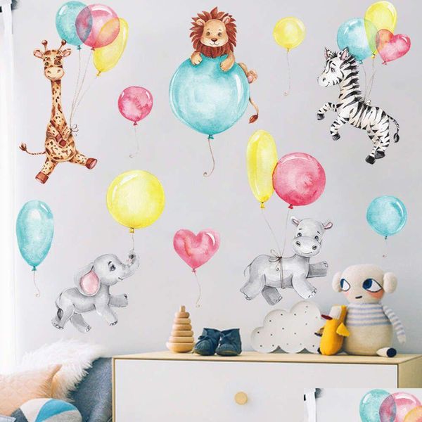 Autocollants muraux aquarelle Colorf Animaux avec ballons pour enfants Salle enfants décalcomanies bébé Nursery Art Murales PVC Drop Livrot Home Garden DH0L5