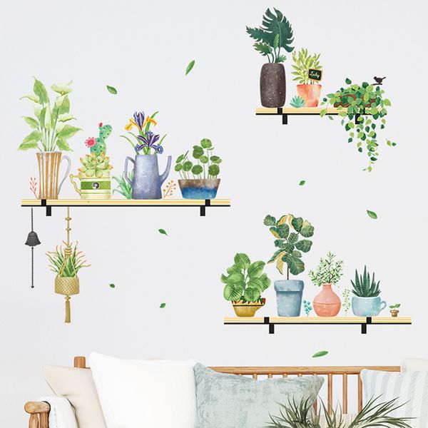 Stickers muraux Aquarelle Fleurs en pot Successeurs Bonsaï Papier peint sur les étagères de plantes pour salon Stickers muraux Décoration d'intérieur PVC 230331