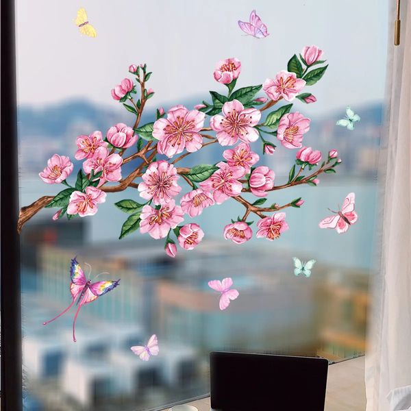 Pegatinas de pared Película de ventana Sakura Blossom Decorativo Estático Cling No adhesivo Extraíble Doble Lado Visible Arte Decoración de la habitación 231211