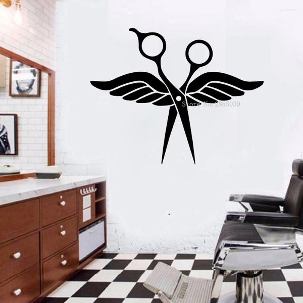 Autocollants muraux ciseaux à ailes pour Salon de coiffure, étiquette de beauté, pour fenêtre de Salon de coiffure, décor Mural pour coiffeur LL104