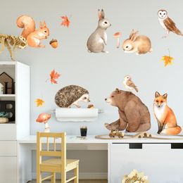 Autocollants muraux animaux de dessin animé de forêt pour chambre d'enfants, décoration d'école maternelle de bébé, décalcomanie d'intérieur