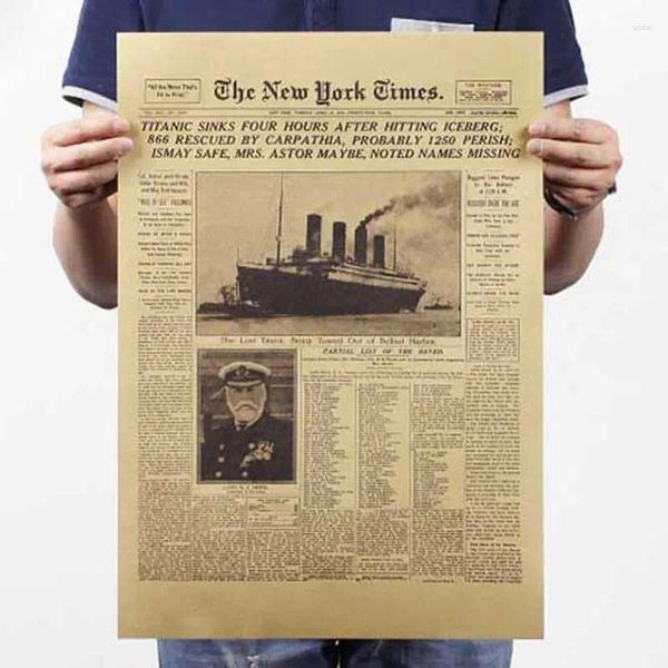 Pegatizas de pared York Times Momentos Históricos de cuero retro Old Spaper Titanic Shipwreck Bar Cartel de decoración de la casa