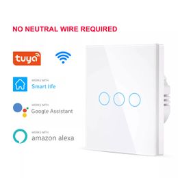 Interrupteur mural tactile Wifi, aucun fil neutre requis, lumière 1 2 3 gangs, 100 - 240V, Tuya Smart Home, compatible avec Alexa Google Home