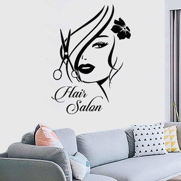 Mur vinyle décalcomanie décor à la maison Art autocollant Salon de coiffure signe fille avec élégant cheveux ciseaux chambre amovible élégant Mural