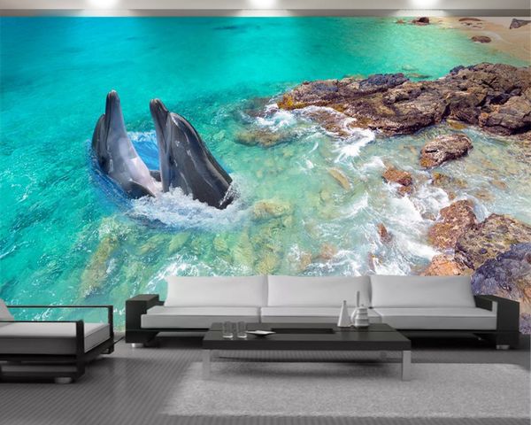 3d papier peint couple dauphin mer plage paysage salon chambre TV fond tissu peinture décoration moderne taille personnalisée