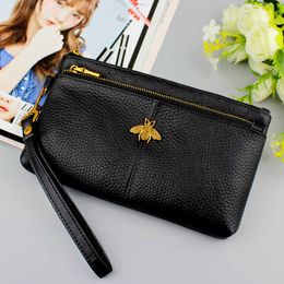 Cartera 100% de cuero genuino para mujer, bolso con cremalleras a la moda, monedero largo con abeja, pulsera, bolso de mano para mujer, Real s 221030