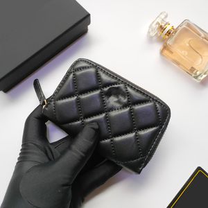 Cartera Titular de la tarjeta Monedero negro Pequeño Bolso amarillo Mini Bolsas de moda con caja de polvo Flip-Top Diseño Cremalleras Bolsas de cuero genuino Mano Mujeres Diseñadores de lujo de alta calidad