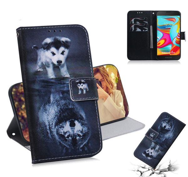 Étui du portefeuille pour Samsung Galaxy A2 Core Couvercle Filp Vendre un motif coloré Wolf Tiger Lion Choouille avec design de carte de carte 3267339