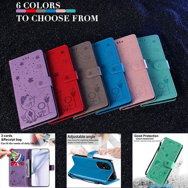 Fundas tipo billetera resistentes a roturas para gatos y abejas para Huawei P50 Pro P40/P30/P20 Lite/Pro P Smart 2020/2021 Mate 20 Honor 30