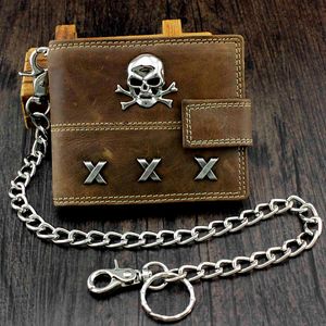 Portemonnee Mode Mannen Hight Quality Skull Biker Span Leder met munten Portemonnee en veilige ketting