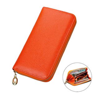 Portefeuille femme en cuir véritable portefeuille pour téléphone argent sac jaune Orange fermeture éclair femmes portefeuilles Long porte-monnaie RFID porte-cartes