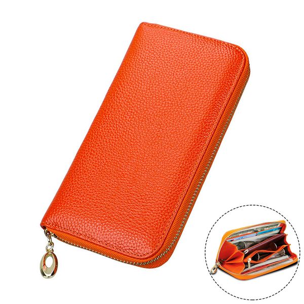 Portefeuille femme en cuir véritable portefeuille pour téléphone argent sac jaune Orange fermeture éclair femmes portefeuilles Long porte-monnaie RFID porte-cartes