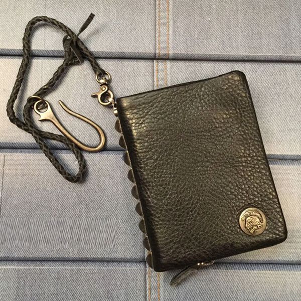 Cartera de cuero genuino con cadena de remaches de moda para hombre con cremallera corta alrededor de monedero para hombre, clips para dinero, bolsa de calavera negra