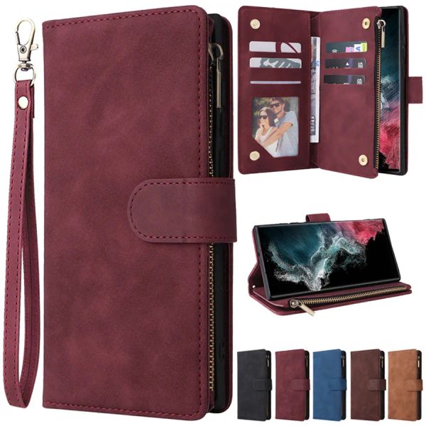 Étui portefeuille en cuir à fermeture éclair multi-cartes pour Samsung Galaxy S23 Ultra S22 S21 Ultra S20 FE Note 20 Ultra 10 Lite Folio Flip avec dragonne béquille couverture de téléphone