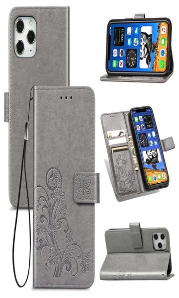 Étuis de téléphone portefeuille pour iPhone 12 Pro 61 pouces couverture en cuir PU porte-bonheur trèfle à quatre feuilles béquille avec dragonne IPHONE12PRO61INC2319069