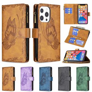 Étuis de téléphone portefeuille pour iPhone 13 12 11 Pro Max X XS XR 7 8 Plus motif papillon en cuir PU Flip Kickstand Cover Case avec porte-monnaie à glissière