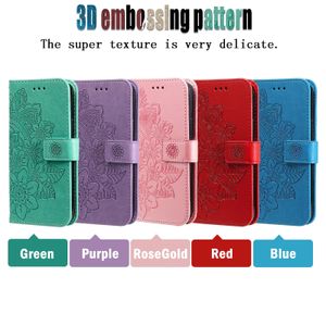 Étuis de téléphone portefeuille pour iPhone 14 13 12 11 Pro Max XR XS X 7 8 Plus - Fleurs Totem Embossing PU Leather Flip Kickstand Cover Case with Card Slots