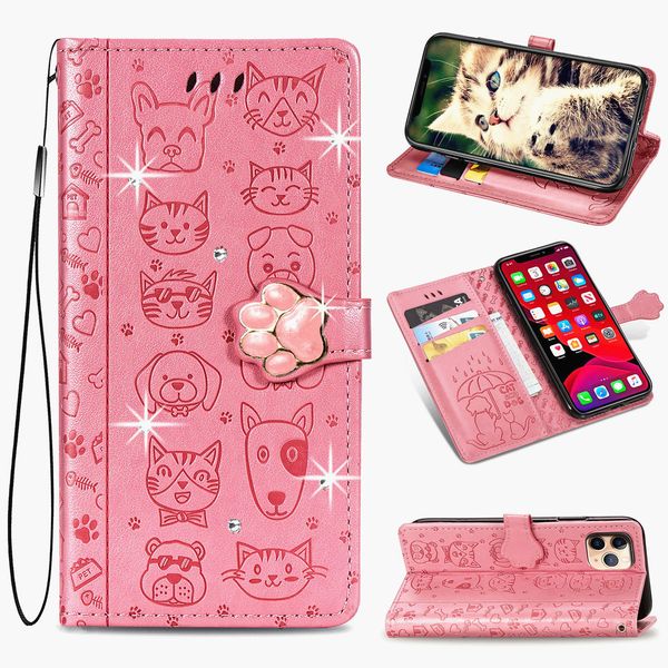 Étuis de téléphone portefeuille pour iPhone 14 13 12 11 Pro Max X XS XR 15 Plus Strass Chat et chien gaufrage PU Cuir Flip Stand Cover Case avec emplacements pour cartes