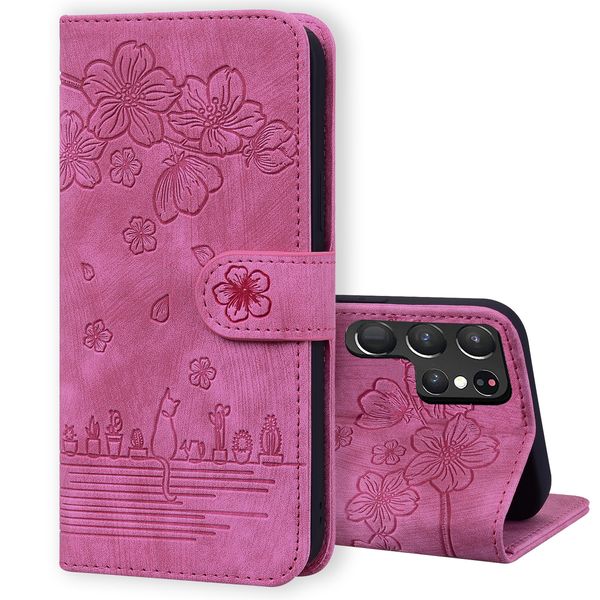 Étuis portefeuille pour Samsung Galaxy S22 S21 Plus Ultra A71 A51 4G A53 A52 A33 A32 A22 A13 A12 5G – Motif chat Sakura en cuir PU avec béquille et emplacements pour cartes