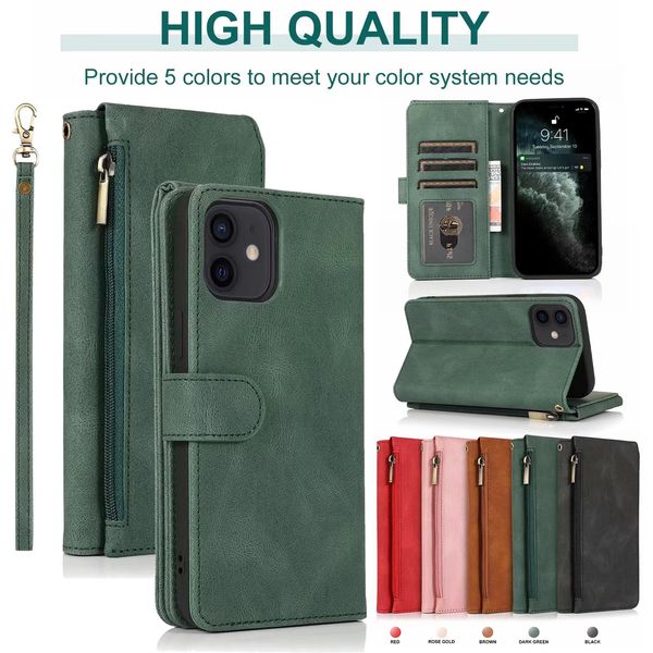 Fundas de cuero con cremallera para iPhone 11 12 13 14 Pro Max Mini XR X XS Max 8 7 Plus Samsung S22 Ultra S21 FE S20 FE S10 Funda con tapa con ranuras para tarjetas retro