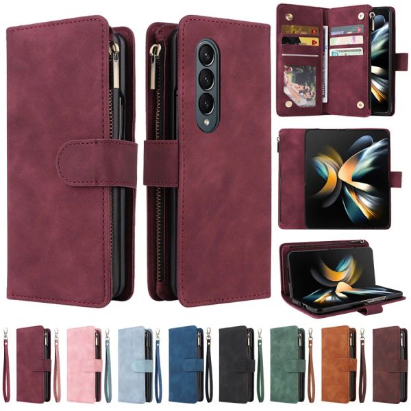 Portefeuille en cuir avec fermeture éclair et dragonne, étui de téléphone pour Samsung Galaxy Z Fold 4 3 Fold3 Fold4, rabat magnétique, fentes pour cartes multiples, housse antichoc