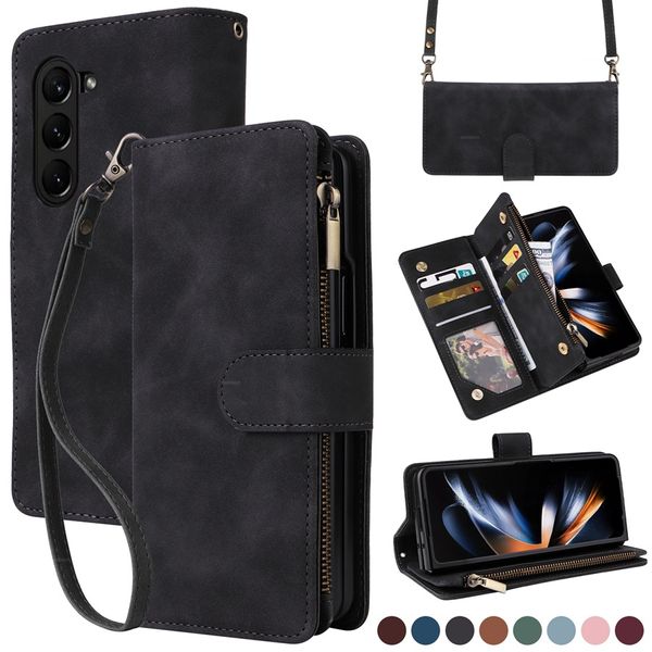 Cartera con cremallera de cuero con correa para la muñeca Funda para teléfono para Samsung Galaxy Z Fold 5 Fold5 Flip magnético Ranuras para múltiples tarjetas Kickstand Cubierta a prueba de golpes