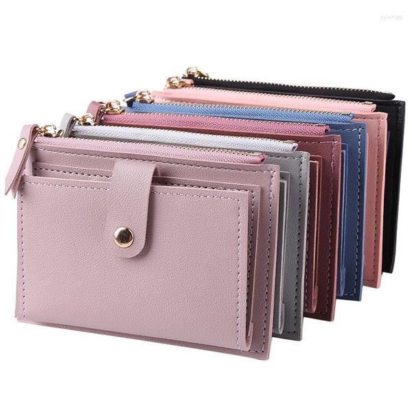 Carteras 2023 de moda para mujer, monedero ultrafino de Color caramelo con broche, tarjetero de gran capacidad con cremallera, billetera bancaria para mujer