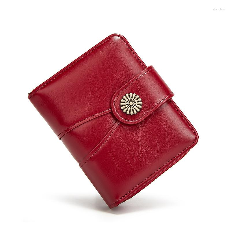 Cartera de moda 2023 para mujer, cartera corta de piel sintética con cera de aceite, bolso pequeño con empalme de flores para tarjetas