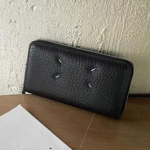 Carteras 2023 Cartera de cuero genuino Línea de cera de mano Monedero de dama Bolsa de cremallera larga Titular de boletos