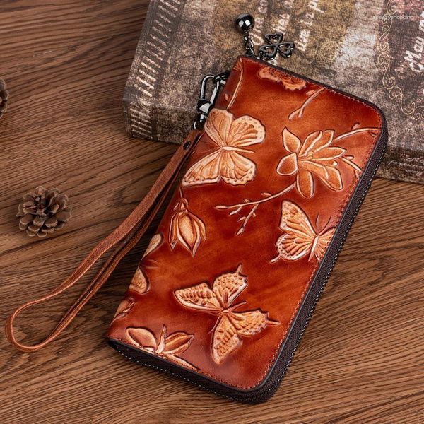 Carteras 2023 Cartera de cuero genuino para mujer Vintage en relieve bolso largo para el titular de la tarjeta de identificación de mariposa pintada a mano