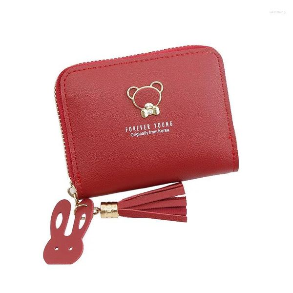 Carteras 2023 Cartera de mujer decorada de metal Pequeño oso lindo Cremallera Zero Girl Moda Tarjeta simple Asiento Bolsa de borla