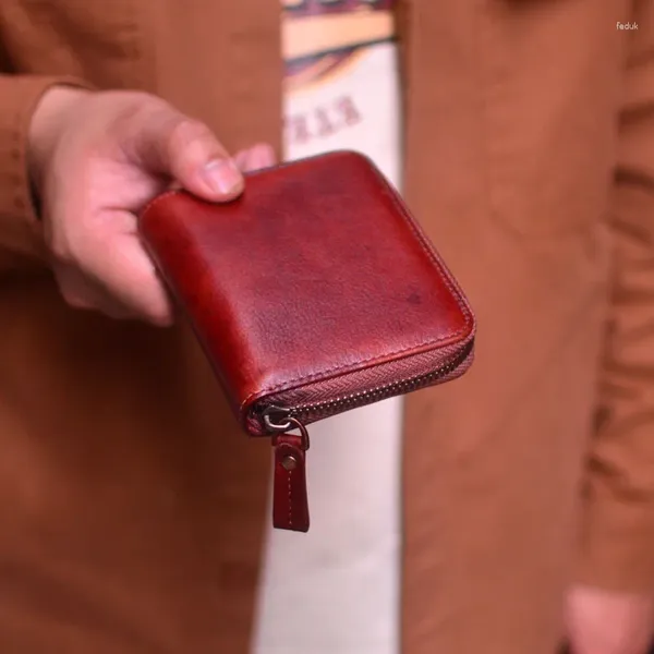 Portefeuilles AETOO Porte-monnaie en cuir de vachette pour hommes, peint à la main, rétro, style européen et américain, fermeture éclair, petit sac, carte M