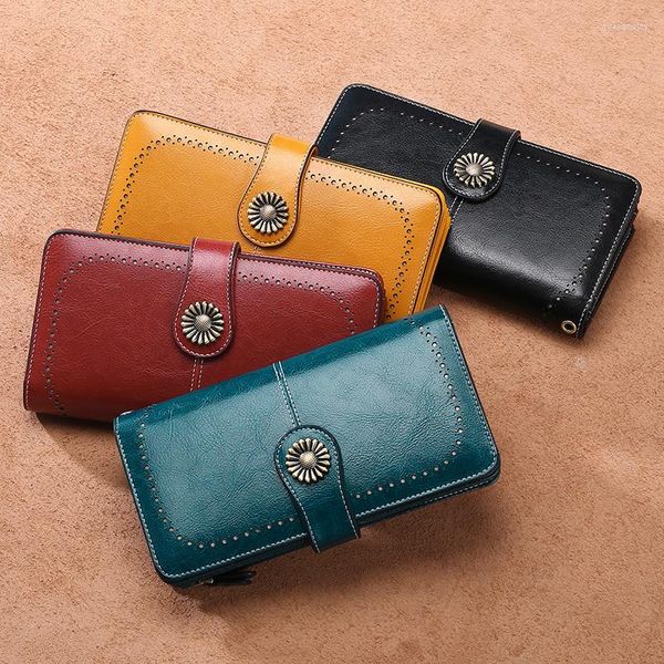 Billeteras Aliwood Vintage de marca hueca para Mujer, billetera con Clip para dinero, bolso de mano de cuero de diseñador, bolso largo Retro para Mujer, bolso para teléfono, Cartera para Mujer