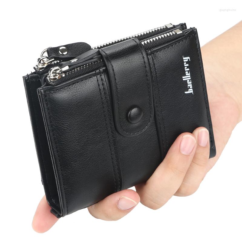 Plånböcker Baellerry Men PU Läderkorthållare Kort handväska dubbel dragkedja myntficka hög kvalitet tri-fold manlig plånbok